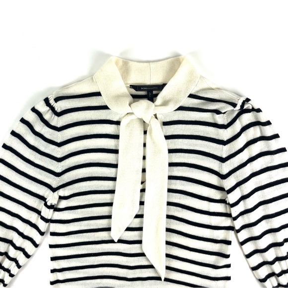 BCBGMAXAZRIA Cinch Sleeve Stripe Tie-Neck Pullover Sweater - Picture 7 of 11